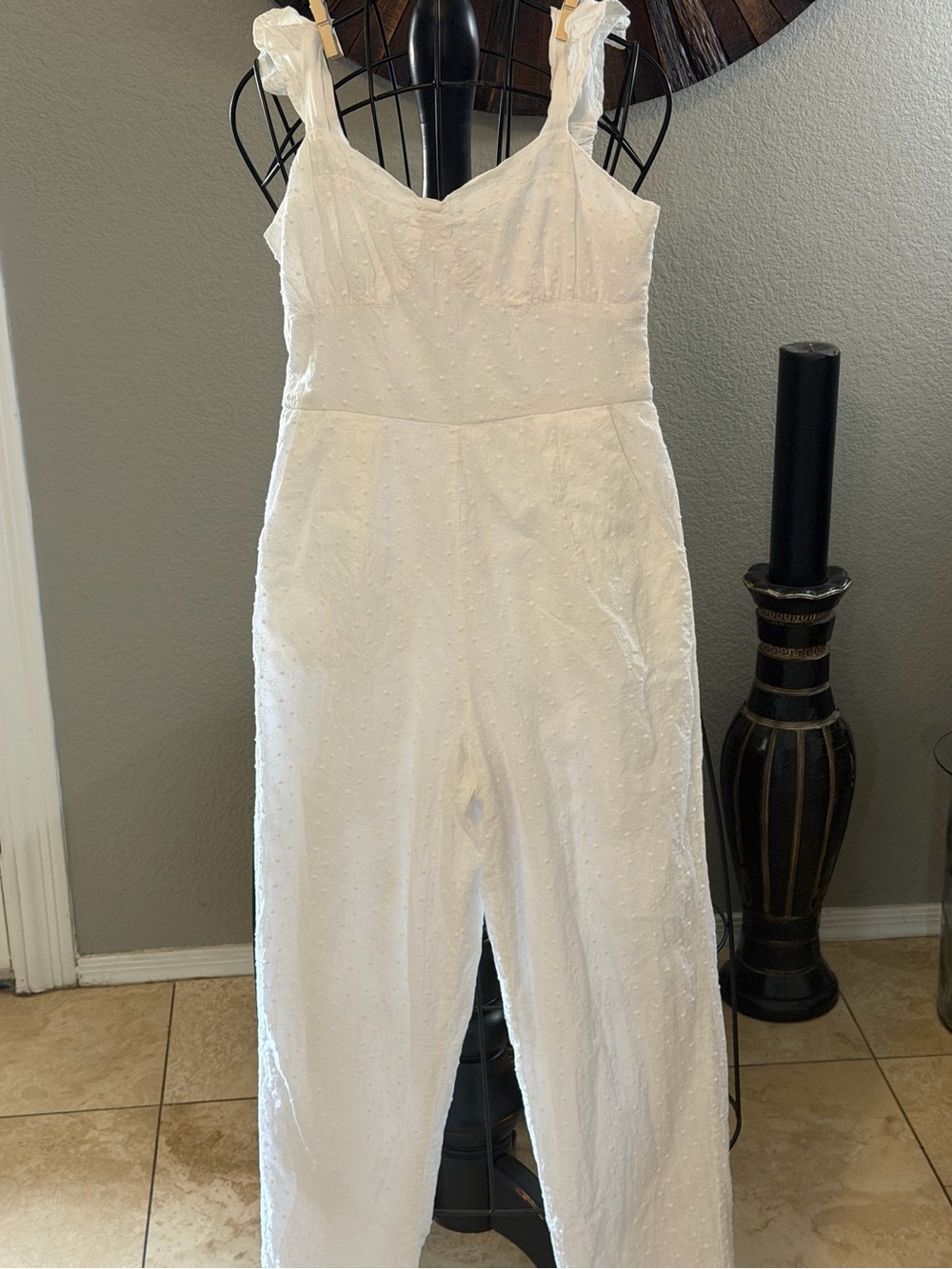 Japna Ruffle Sleeve Lined Textured White Summer Jumpsuit Size Small 100% Cotton